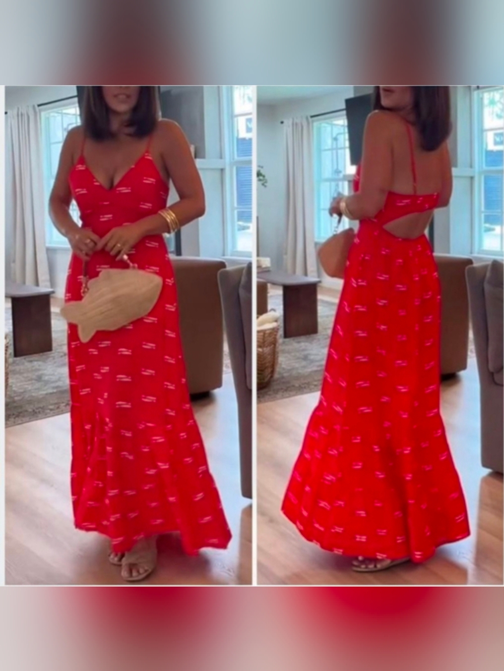A New Day Women's Red Open Baxk Maxi Dress with White Sardines.. XL
